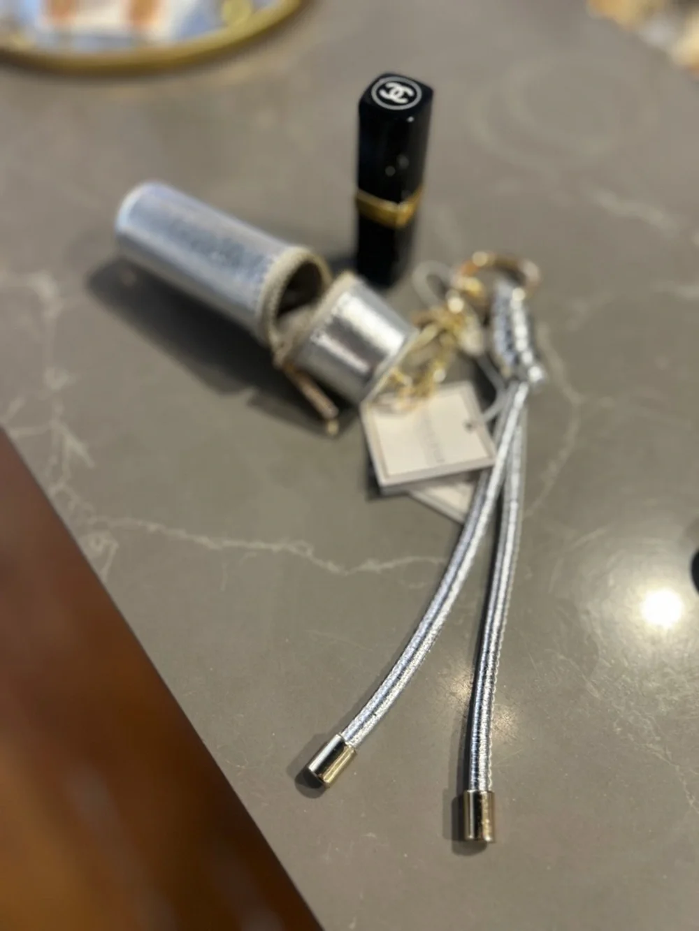 Shiraleah Silver Metallic Lipstick Holder π Charm Keychain with Gold Hardware - Picture 6 of 9